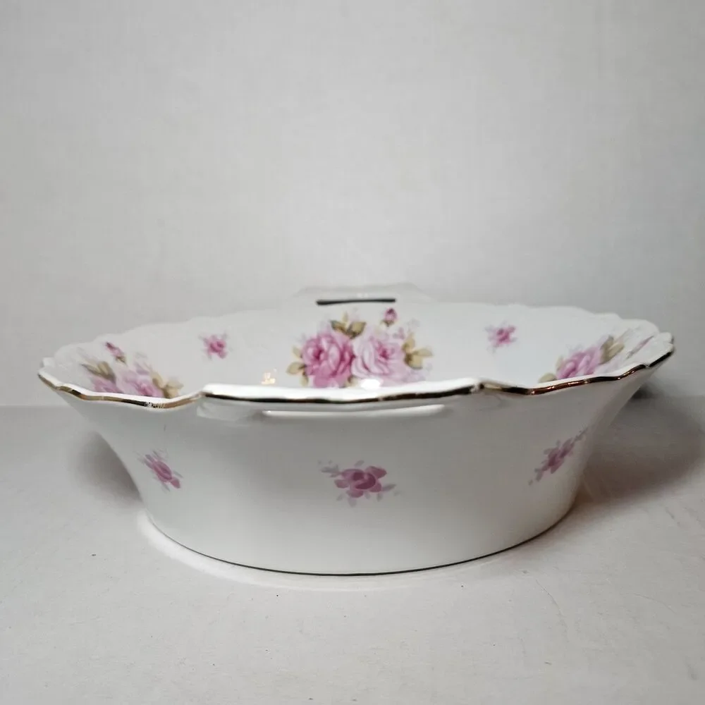 VTG Andrea by Sadek Round Serving Bowl Pattern 8118 Pink Roses Gold Trim Handles